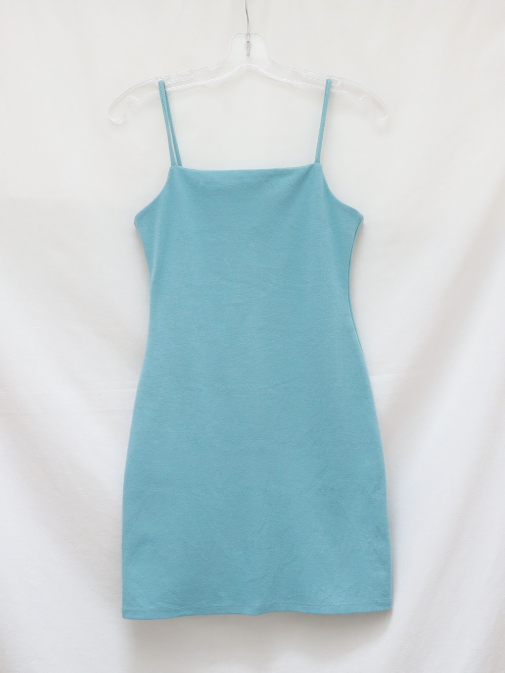 NWOT Oak + Fort Spaghetti-Strap Ponte Knit Mini Dress muted pastel blue S new - Picture 2 of 8